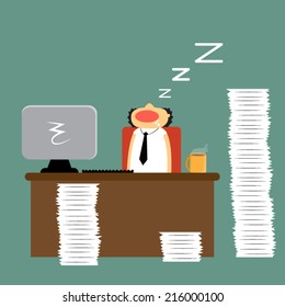 Cartoon businessman falling asleep at his work, vector illustration