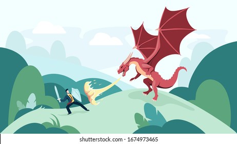 Cartoon businessman fighting fire breathing dragon vector graphic illustration. Male knight with protective shield and sword battle with monster. Concept of risk, courage and leadership in business