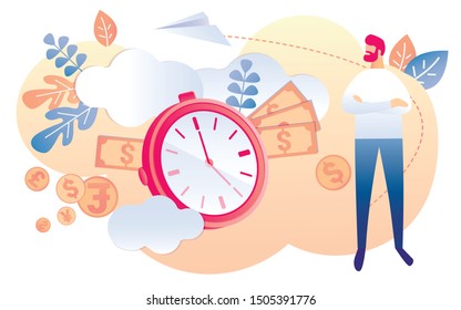 Cartoon Businessman Financial Income Growth Planning. Clock Stopwatch Watch Symbol. Cash Money Coins Dollar Currency Sign. Worker Payment Employee Salary. Working Hour Productivity Management