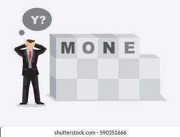 Cartoon businessman finds missing letter in alphabet building blocks read MONEY. Creative vector illustration for word play on losing money metaphor.