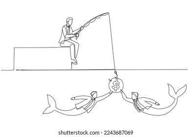 Cartoon of businessman fishing human resource mermaid man concept of hunting talent. One continuous line art style