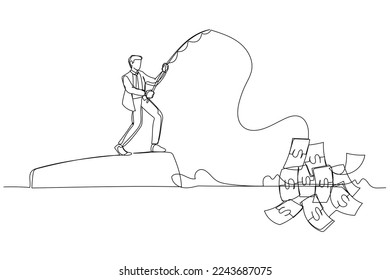 Cartoon of businessman fishing money concept of seeking profit. One line style art