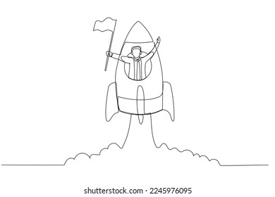 Cartoon of businessman with flag on a rocket ship launching. One line art style