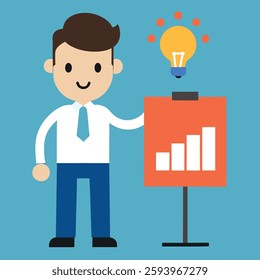 Cartoon businessman, flat design, white shirt, blue tie, blue pants, smiling face, standing next to bar chart, orange presentation board, glowing light bulb, idea concept, growth graph, turquoise back