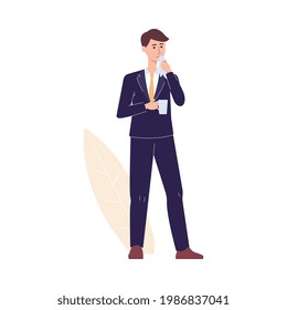 Cartoon businessman with flu or cold drinking medicine and blowing his nose with tissue - man in suit with virus illness isolated on white background. Flat vector illustration