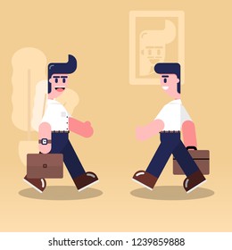 Cartoon businessman with a friend at work. Isolate Flat design. All parts can be moved.