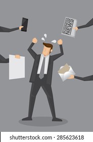Cartoon businessman in frustration with different media requiring his attention. Creative vector illustration for overworked and stressful lifestyle concept isolated on grey background.