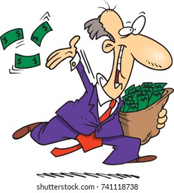 cartoon of a businessman generously throwing money into the air