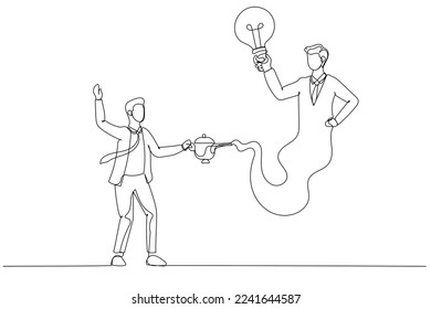Cartoon businessman genie holding idea bulb come out magic lamp  Assistance concept  One continuous line art style
