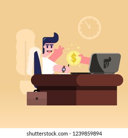 Cartoon businessman get bonuses or salary. the end of the month. Isolate Flat design. All parts can be moved.