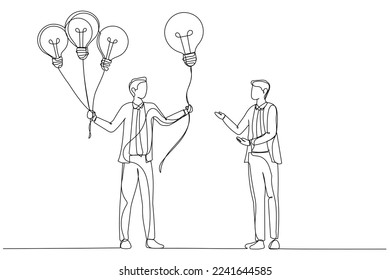 Cartoon of businessman giving lightbulb idea to young employee. Mentor give an advice. One line art style
