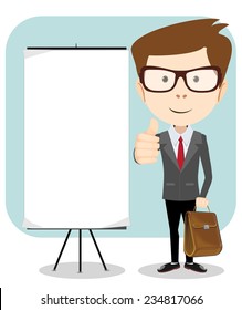 Cartoon businessman in glasses  with a briefcase giving the thumbs up, explaining and pointing at blank white board, placard. Stock Vector  Illustration