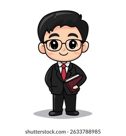 A cartoon businessman with glasses, a red tie, and a black suit, holding a book. He is smiling.