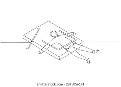 Cartoon of businessman got caught shut in mousetrap metaphor of business trap. One line art style