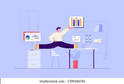 Cartoon businessman gymnastic working at office with graph and diagram vector flat illustration. Business male having flexible work time schedule at workplace isolated. Balance and planning concept