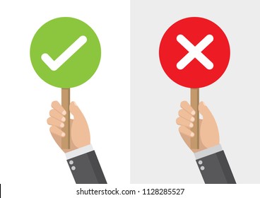 Cartoon, Businessman hand hold signboard Green check mark and red X mark Right and Wrong for feedback,vector eps10