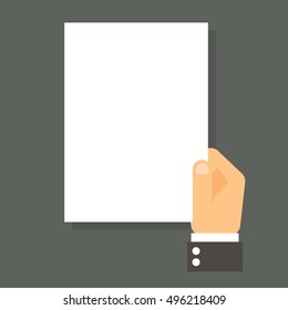 Cartoon businessman hand holding empty blank paper. vector illustration in flat design