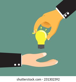  Cartoon businessman hand holding idea light bulb, hand giving idea vector illustration.