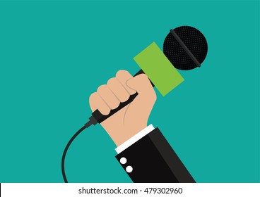 Cartoon, Businessman Hand Holding A Microphone., Vector Eps10