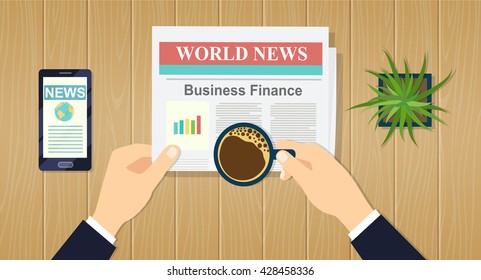 Cartoon businessman hand holding newspaper. Wooden desk with smartphone, coffee cup. vector flat  illustration on wooden background.