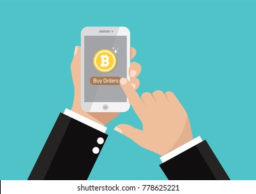 Cartoon, Businessman hand holding smartphone for Buy Bitcoins., vector eps10