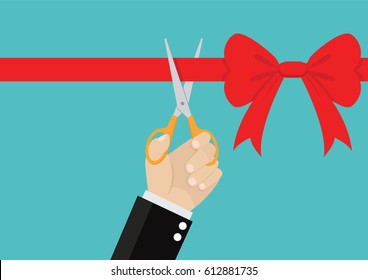 Cartoon, Businessman Hand with scissors cuts red ribbon., Vector eps10.
