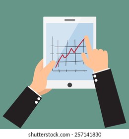 Cartoon businessman hands are holding and point on touch screen device.