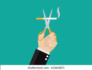 Cartoon, Businessman Hands holding scissors cut a cigarettes., vector eps10