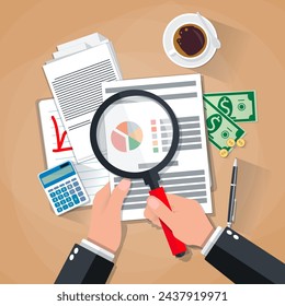 Cartoon businessman hands with magnifier analysis paper sheet, calculator, pen, coffee, money and coins. auditing tax, financial market analysis, seo, financial report. vector illustration in flat des