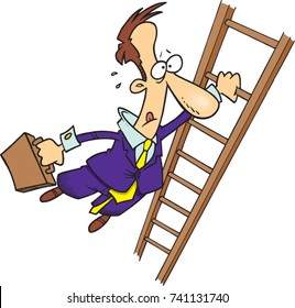 cartoon businessman hanging off of a tall ladder