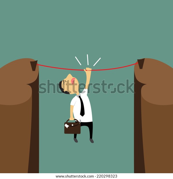 Cartoon businessman\
hanging on a rope over the cliffs, the risk but try to reach\
success, vector\
illustration.