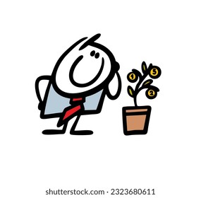 Cartoon businessman happily looks at a money tree with gold coins. Vector illustration of a stupid adult believes in fairy tales. Hand drawn stick figure character isolated on white background.