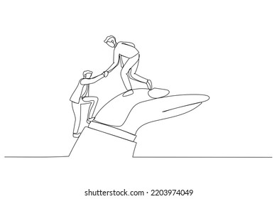 Cartoon of businessman helps companion climb to the giant hand. Continuous line art
