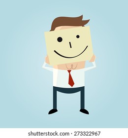 cartoon businessman hiding his face behind a smiley face doodle