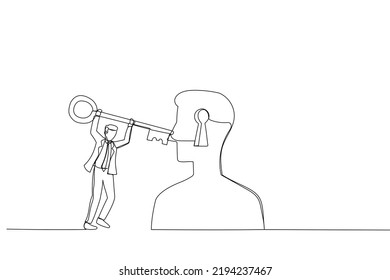 Cartoon of businessman hold key try to open person's mind. Metaphor for therapy, psychotherapy, and psychology. Single continuous line art style
