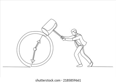 Cartoon of businessman holding big hammer smashing alarm clock. Postpone business deadline concept. Continuous line art style
