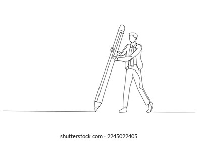 Cartoon of businessman holding big pencil drawing the boundary line concept of privacy. One line art style