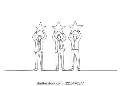 Cartoon of businessman holding the big stars over the head. One line art style
