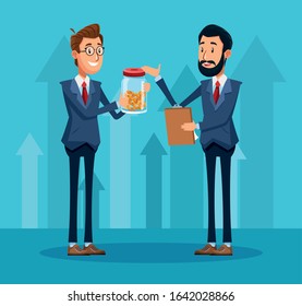 cartoon businessman holding a bottle with money coins and businessman with clipboard over blue background, colorful design, vector illustration