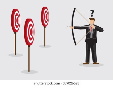 Cartoon businessman holding bow and arrow confused by multiple bulls eye target. Creative vector illustration on confusion due to lack of specific goal concept isolated on plain background.