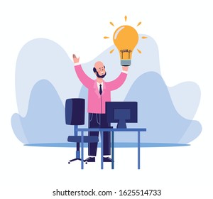cartoon businessman holding a bulb light and office desk with computer over white background, colorful design, vector illustration