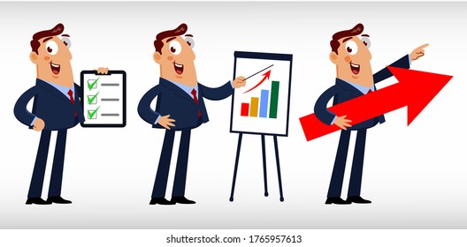 Cartoon of Businessman Holding Checklist and Presenting Growth Chart Board - Vector Isolated Illustration