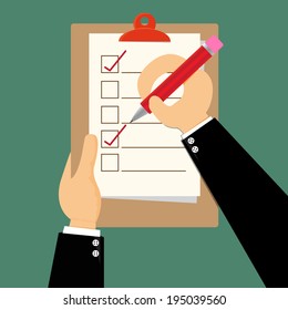 Cartoon businessman holding a clipboard and checklist on it.