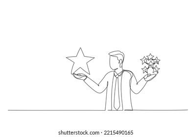 Cartoon of businessman holding comparing quality of stars. Metaphor for quality vs quantity. One line style art
