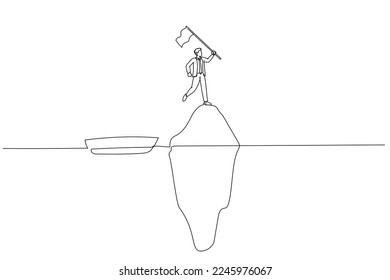 Cartoon of businessman holding flag at peak of iceberg concept of illusion. Single line art style