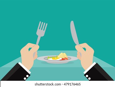 Cartoon, Businessman holding knife and fork to eat breakfast in the dish., Vector eps10.