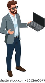 Cartoon businessman holding laptop and wearing headset