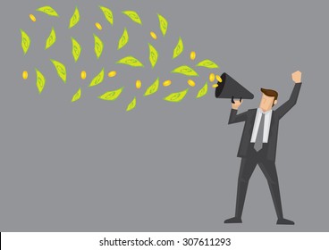 Cartoon businessman holding a megaphone with dollar notes and gold coins coming out of it. Creative vector illustration on financial concept isolated on grey background.
