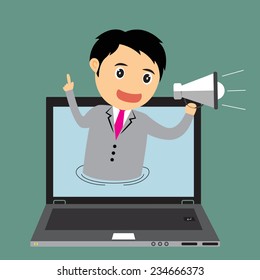 Cartoon businessman holding Megaphone in screen laptop device, vector illustration.