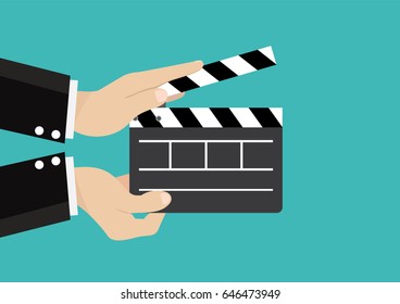 Cartoon, Businessman holding movie clapper board Cinema., Vector eps10